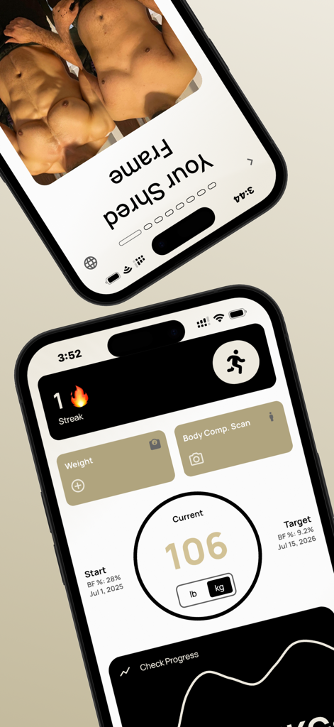 ShredFrame - ShredFrame mobile app interface showing AI body analysis and fitness progress tracking.