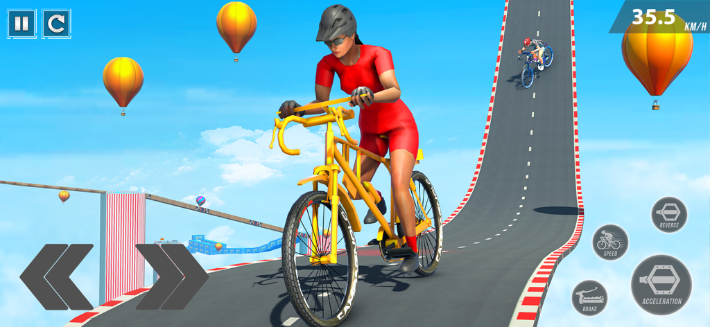 BMX Bicycle Stunt Cycle Games - Bicycle rider racing on a sky-high mega ramp with hot air balloons in the background.