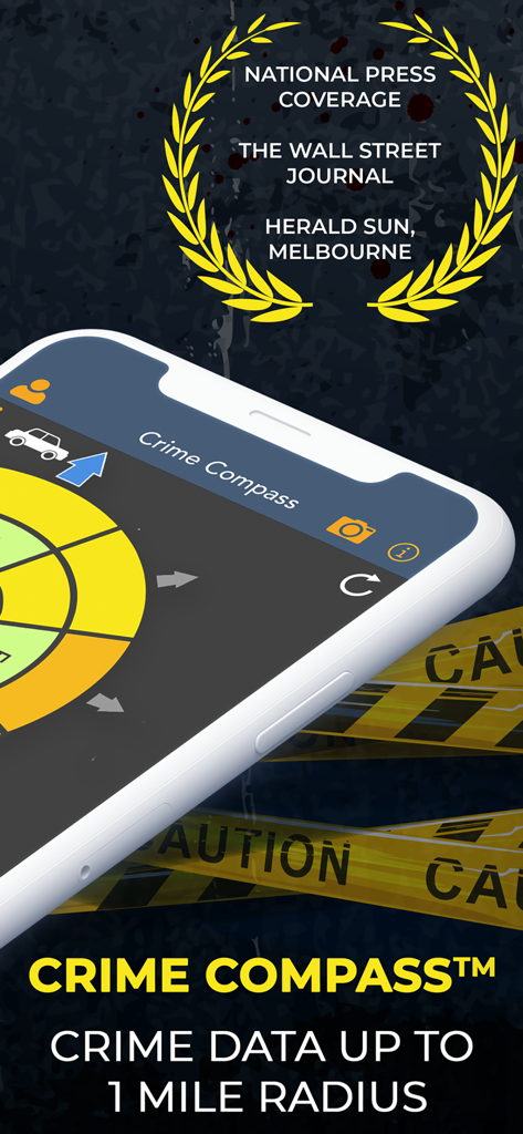 Crime and Place app screenshot showing the Crime Compass feature and local crime data