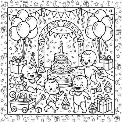 Commemorate a precious first birthday with this delightful coloring page, brimming with adorable babies reaching exciting milestones. Bring this joyous celebration to life with your favorite colors!