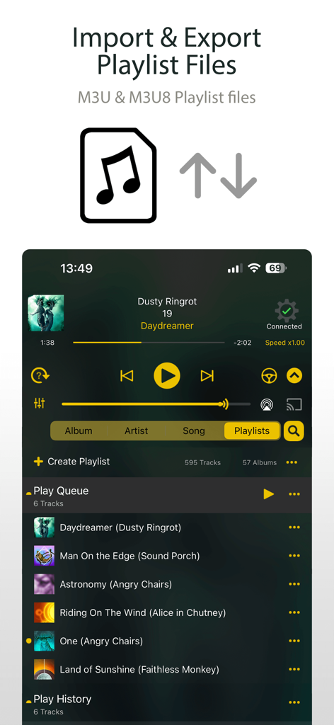 Screenshot of MusicStreamer app showing playlist file import and export features with a dark themed music player UI on iPhone.