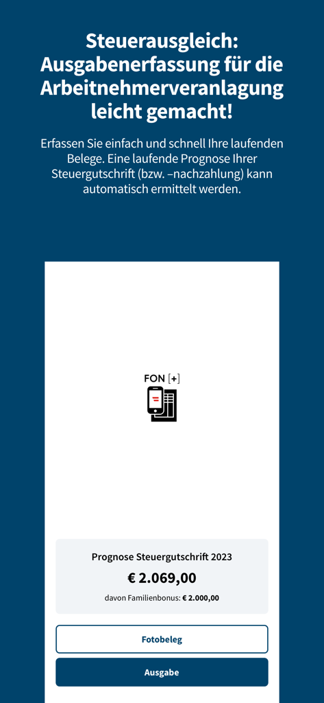 FinanzOnline app screen showing a 2023 tax refund forecast and options for capturing receipts and expenses