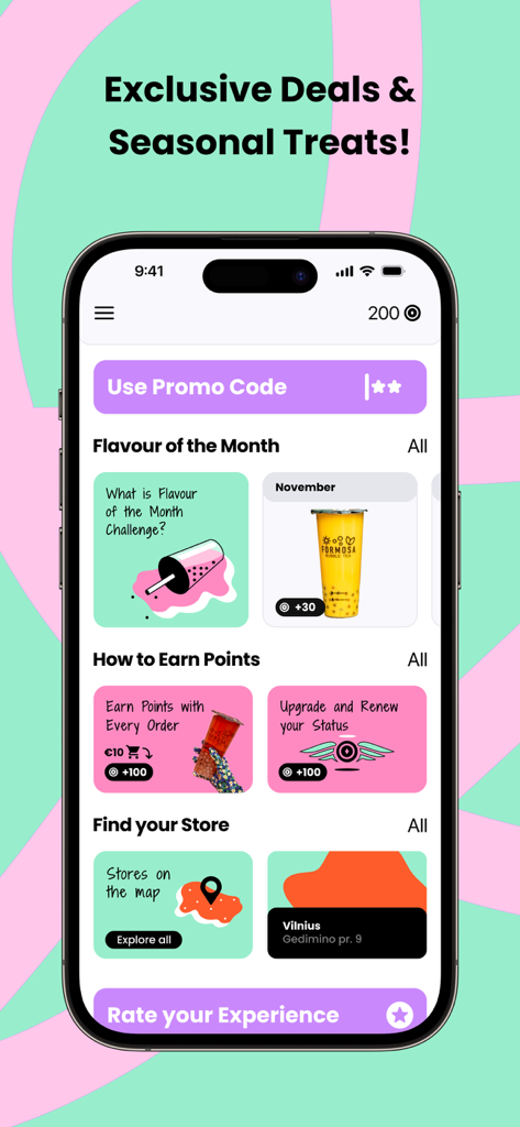 Formosa Bubble Tea - Formosa Bubble Tea app screen showing rewards and exclusive deals