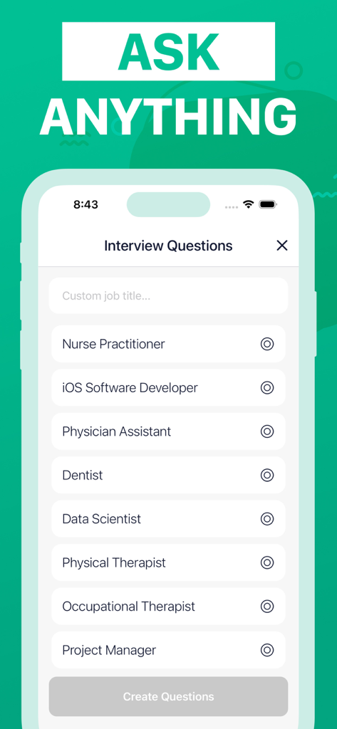 AI Chat Bot Assistant Ai Story - AI Chat Bot app interface displaying a list of job roles to generate interview questions