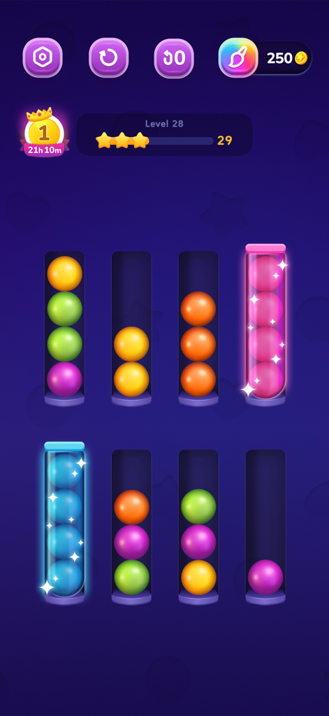Ball Sort - Color Puzzles - A casual puzzle game interface showing colored balls being sorted into glass tubes on a dark blue background