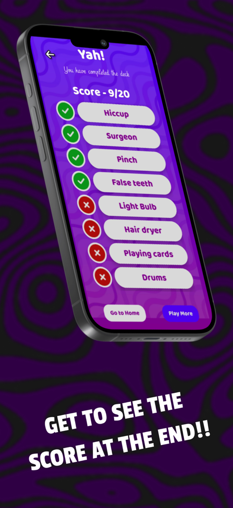 Charades: Guess the Word Game - Results screen showing the final score and a list of guessed words in the Charades mobile game