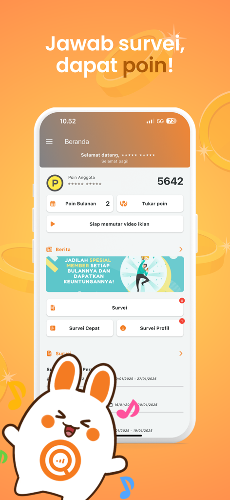 Nusaresearch - Nusaresearch app interface displaying user points and available surveys