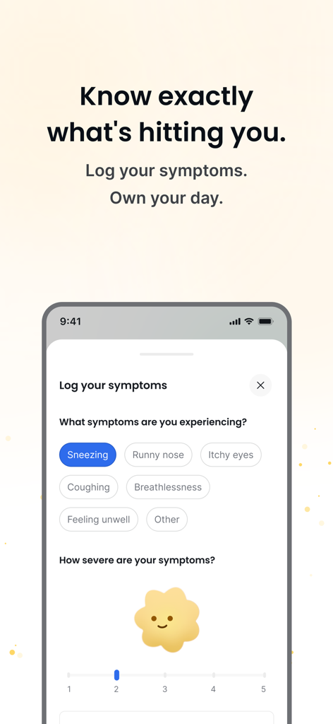 AllerTrack: Allergy monitor - Interfaz de la aplicación móvil AllerTrack que muestra opciones de registro de síntomas como estornudos y ojos llorosos con una escala de gravedad