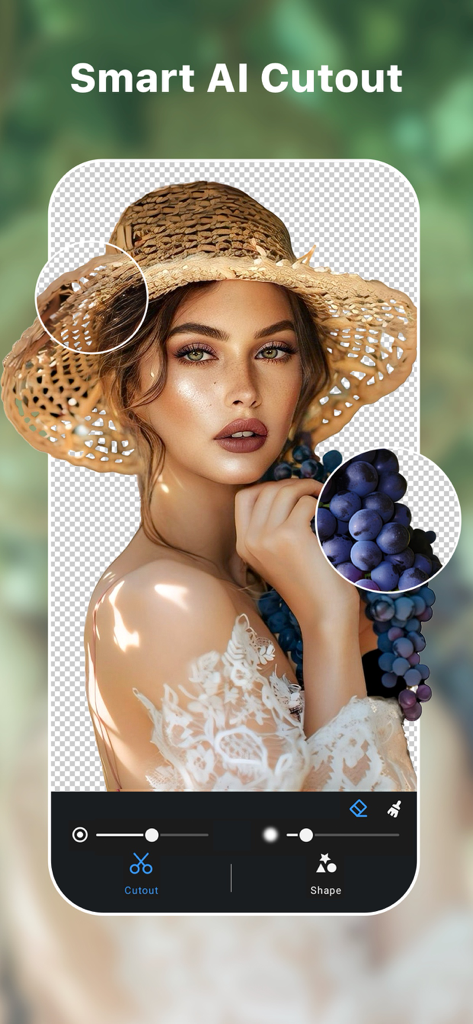 Smart AI Cutout tool in Polish app removing background from a portrait