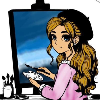 realistic girl artist painting a blank canvas