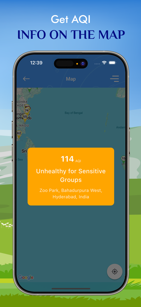 Vista de mapa de la aplicación del Índice de Calidad del Aire que muestra los niveles de contaminación en ubicaciones específicas.
