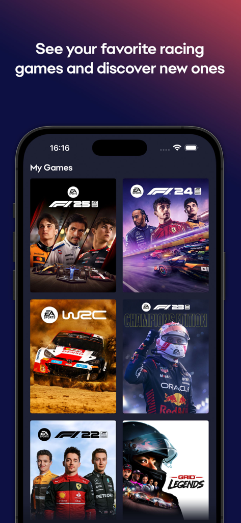 EA Racenet - EA Racenet app interface displaying a library of racing games including F1 and WRC