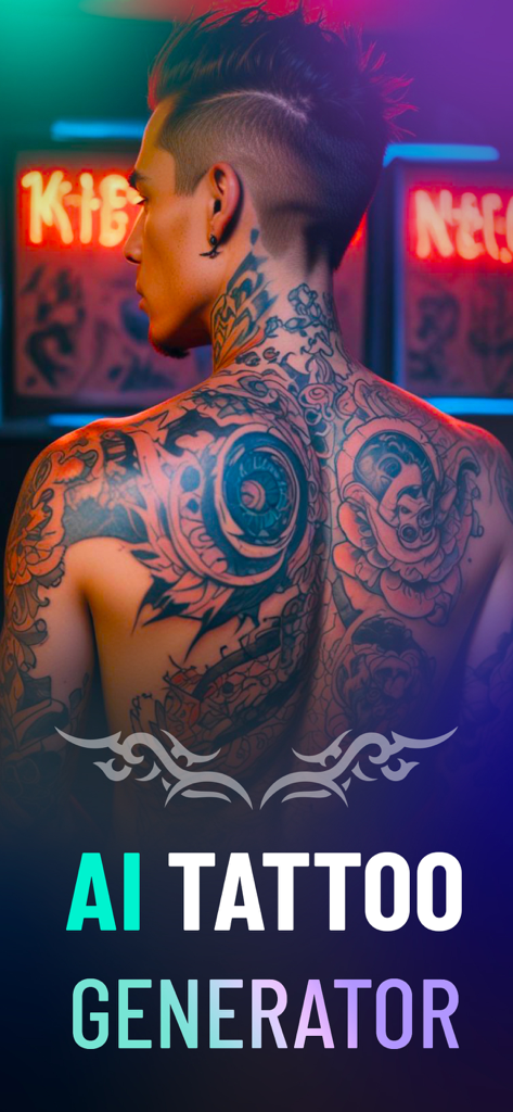 Tattoo Style AI - Design Maker - Un hombre mostrando tatuajes detallados en blanco y negro en su espalda y cuello creados con un generador de IA