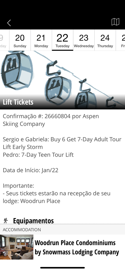 TTW Trips - Aplicación TTW Trips que muestra un itinerario de esquí de lujo con boletos de remonte de Aspen y detalles de alojamiento.