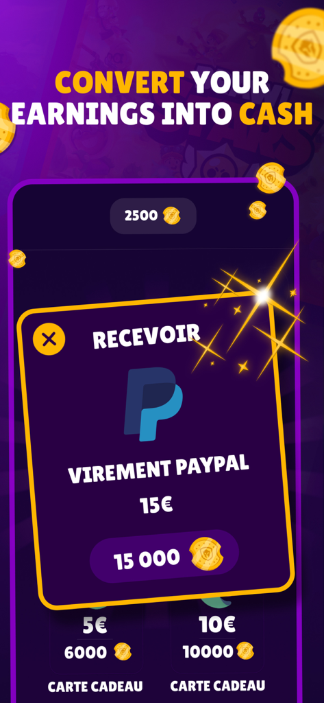 MyLOOT - MyLOOT app interface showing a 15 euro PayPal cash reward redemption screen.
