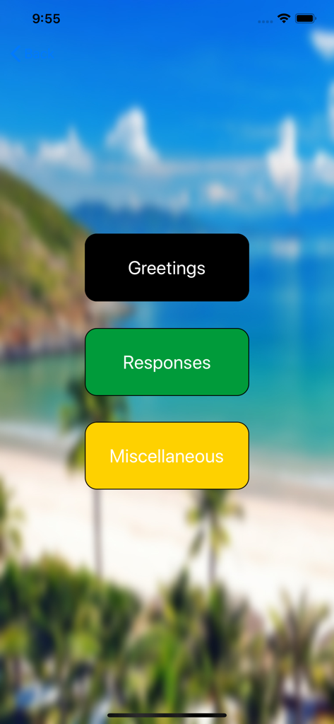 Learn Jamaicanアプリのメインメニュー画面。トロピカルビーチの背景の上に、挨拶の応答とその他のカテゴリのボタンが特徴です