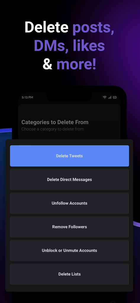 Mobile interface of Redact Privacy app showing options to delete tweets, messages, and manage social accounts