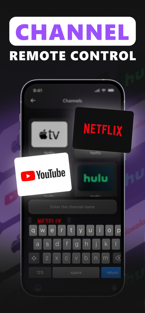 Remote TV Control TCL Onn App - Interface do aplicativo Remote TV Control mostrando a busca de canais com um teclado e ícones de serviços de streaming como Netflix e YouTube.