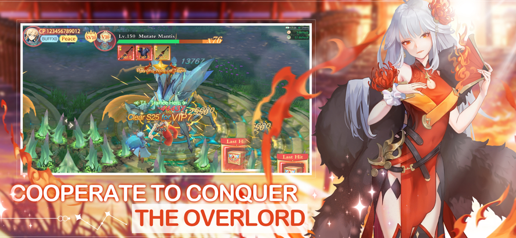 Sky Utopia mobile game screenshot showing an anime character and a boss battle against a Mutate Mantis with the text Cooperate to Conquer the Overlord