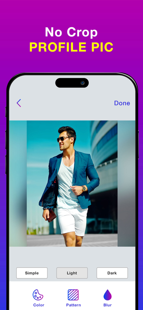 App interface showing a no crop profile picture with a blurred background