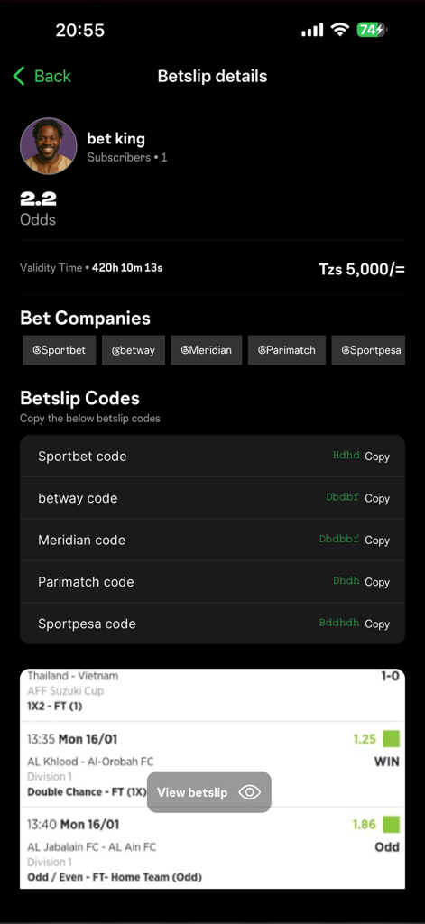 Keka App - Keka App screen showing betslip details and copyable bet codes for multiple sports betting platforms