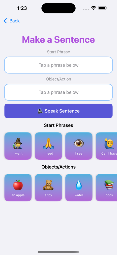 MyVoice AAC Autism Talker - Interface of the MyVoice AAC app showing the sentence builder screen with phrase and object icons for nonverbal communication