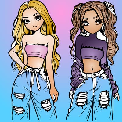 2 girls in crop tops and baggy jeans ripped