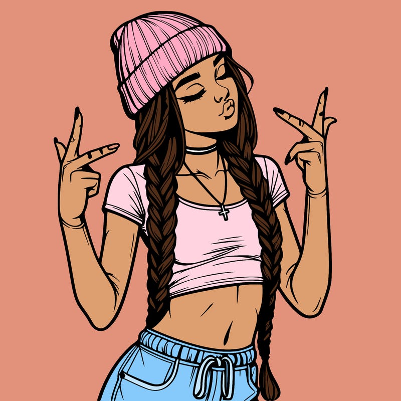 realistic teenage girl with braids and a beanie and crop top doing 🫶🏼
