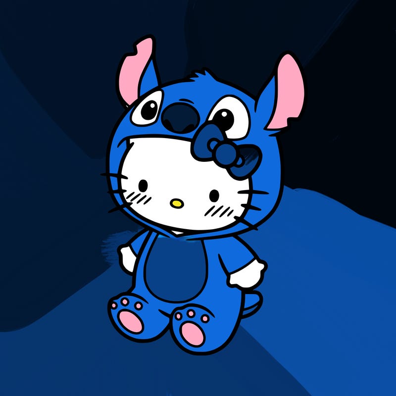 little cute hello kitty, blushing with little stitch costume