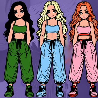 realistic triplet girls in crop top and baggy pants