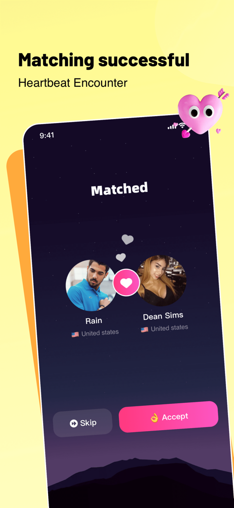 Hippo - Live Video Chat - A mobile screen showing a successful user match on the Hippo live video chat app with accept and skip options