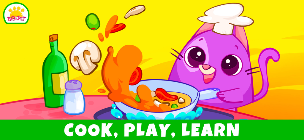 Bibi Toddler Learning Games 2+ - A purple cartoon cat wearing a chef hat cooking in a restaurant-themed educational game for toddlers