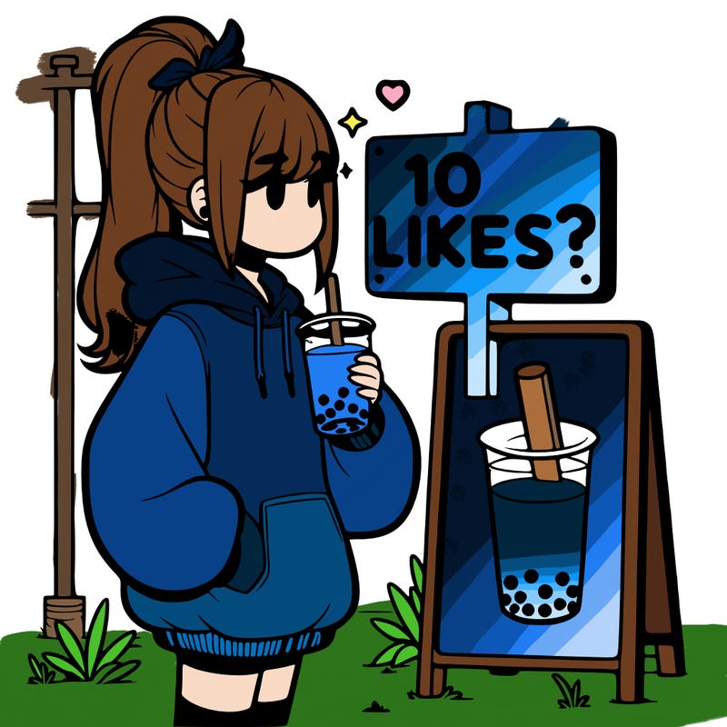 girl with oversized hoodie drinking boba and she has a high ponytail with a sign that says 10likes?
