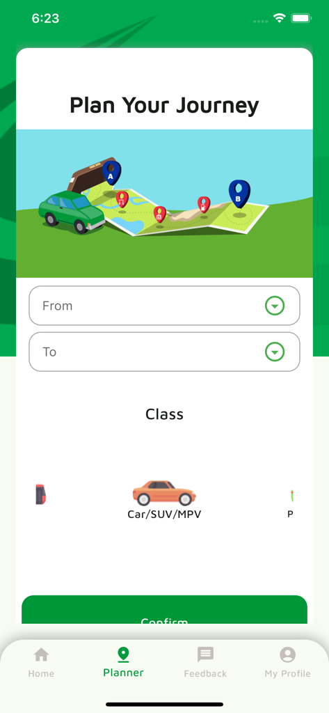 PLUS App (Official) - Interfaz móvil de la App PLUS que muestra la pantalla Planifica tu viaje con campos de entrada de ruta y selección de clase de automóvil