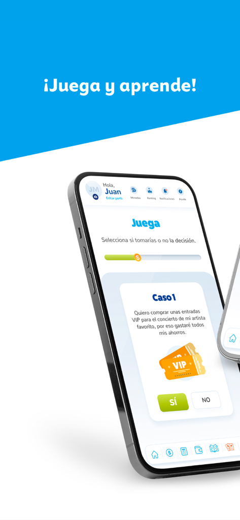 Aplicación Miga - A mobile phone screen showing a gamified financial education scenario in the Miga app where a user decides whether to spend savings on concert tickets.