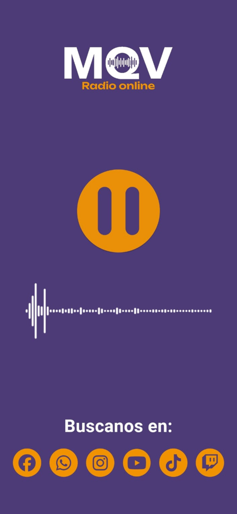 MQV Radio Online - MQV Radio Online app playback screen with a large orange pause button, audio waveform, and social media links.