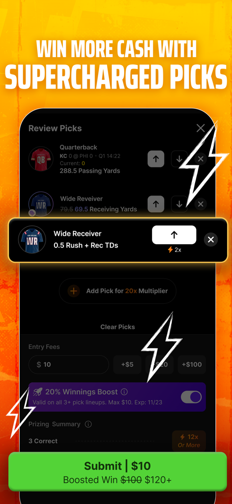 DraftKings Pick6インターフェース。スーパーチャージされたファンタジーピックと配当ブーストを表示。
