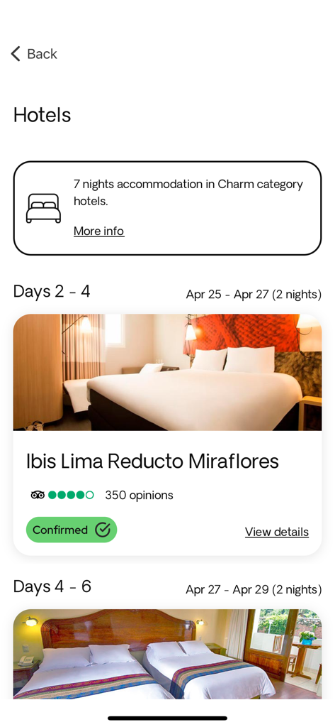 Exoticca: Travelers’ App - Pantalla que muestra las acomodaciones del hotel y los detalles de la reserva confirmada para un paquete de viaje de Exoticca.