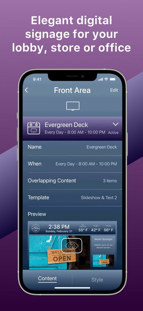 DigiBoard Remote - DigiBoard Remote app interface showing digital signage scheduling and content preview for a store front area