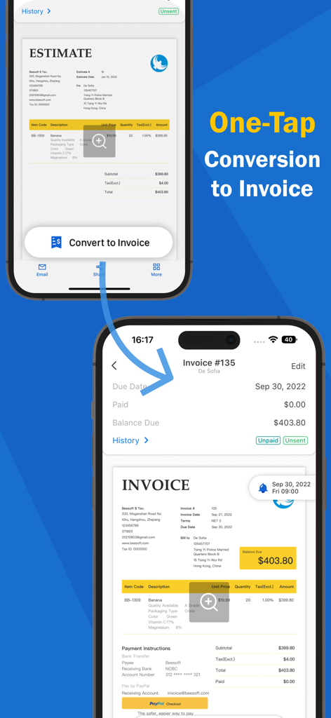 Invoice Maker · - Interfaz de la aplicación BeeInvoice que muestra la conversión de un presupuesto a una factura profesional con un solo toque
