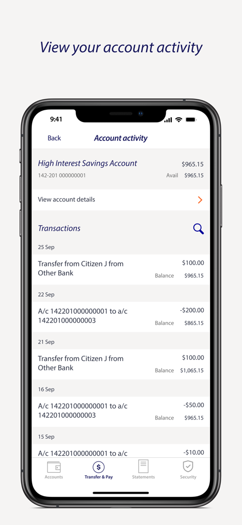 Rabobank Online Savings AU - Account activity screen of the Rabobank Online Savings AU app showing transaction history.