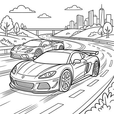 Get ready for an adrenaline rush with this awesome sports car coloring page designed just for kids! Watch two powerful cars race along a winding road towards a vibrant city skyline, waiting for your creative colors.