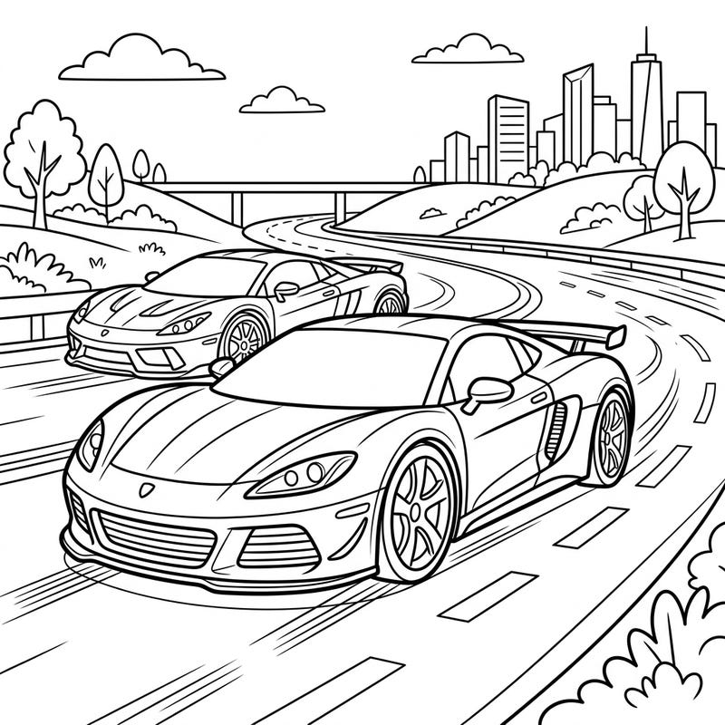 Get ready for an adrenaline rush with this awesome sports car coloring page designed just for kids! Watch two powerful cars race along a winding road towards a vibrant city skyline, waiting for your creative colors.