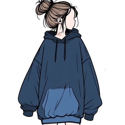 realistic girl with a oversized sweatshirt on and a bun