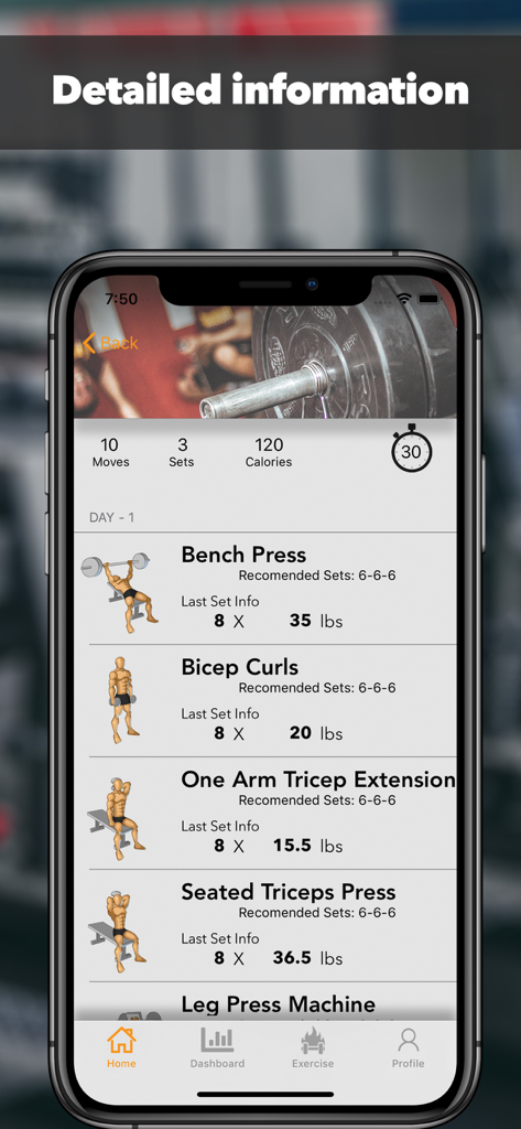 Fitzy AI Fitness & Workout - Detailed workout plan view in the Fitzy AI app showing exercises like bench press and bicep curls with set and weight logging