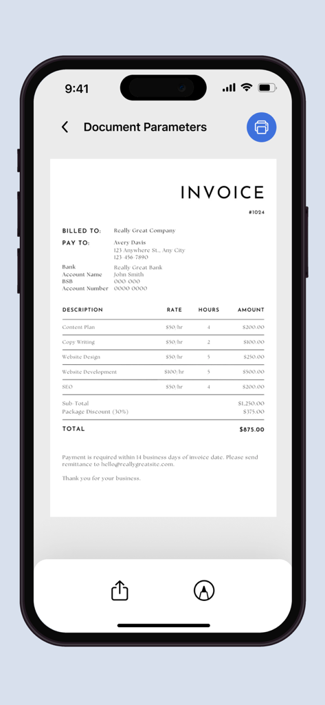 Printer App · Smart Air Print - Interfaz de la aplicación móvil que muestra una vista previa de factura comercial lista para imprimir de forma inalámbrica desde un iPhone