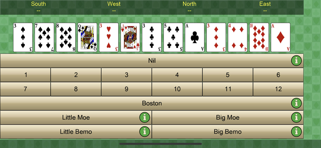 Spades V+, classic card game - Spades V plus bidding screen showing card hand and various bid options
