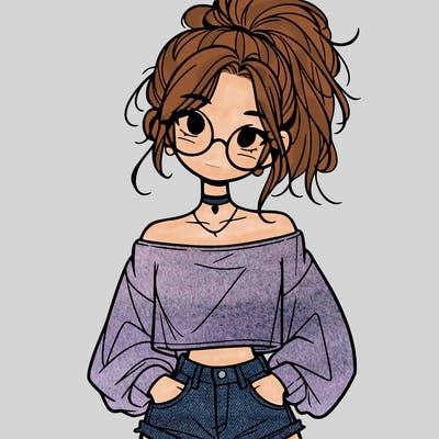 girl with a messy ponytail glasses a baggy crop top and jean shorts