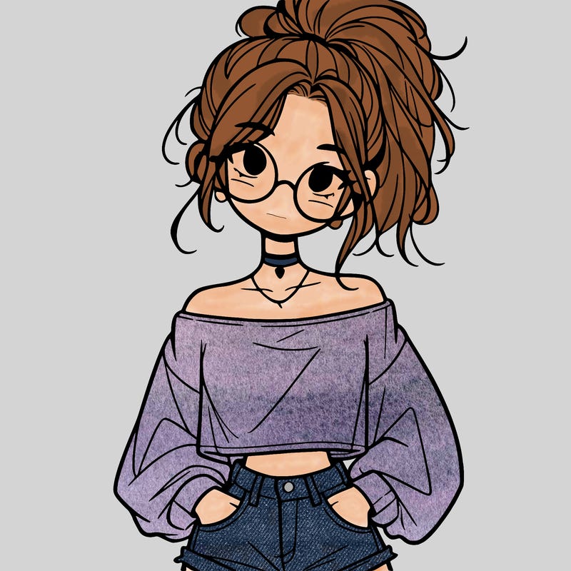 girl with a messy ponytail glasses a baggy crop top and jean shorts