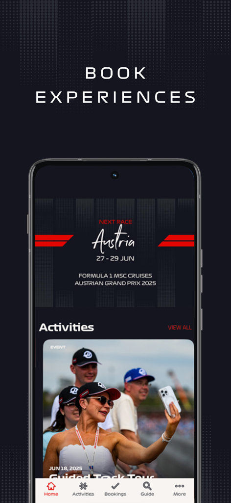 Una pantalla de smartphone que muestra la aplicación F1 Paddock Club con opciones para reservar experiencias para el Gran Premio de Austria